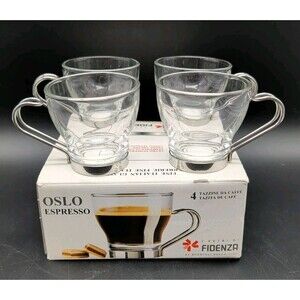 4 Vintage Bormioli Rocco Espresso Cups Verdi Oslo Glass Metal Retro Original Box
